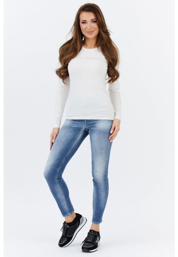 Guess - GUESS Niebieskie jeansy damskie z wysokim stanem, Rozmiar 25/29. Stan: podwyższony. Kolor: niebieski. Wzór: aplikacja