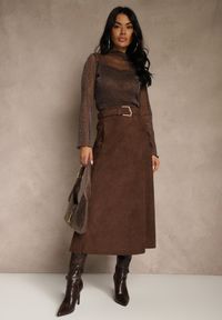 Renee - Brązowa Spódnica z Wiskozy z Bawełną z Imitacji Zamszu z Paskiem Oliweda. Okazja: na co dzień. Kolor: brązowy. Materiał: bawełna, wiskoza, zamsz. Styl: casual #1