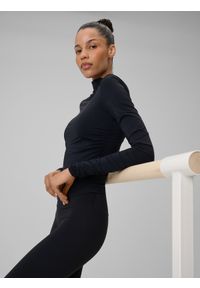 4f - 4F Longsleeve do jogi slim szybkoschnący damski - czarny S. Typ kołnierza: kołnierzyk stójkowy. Kolor: czarny. Materiał: materiał. Długość rękawa: długi rękaw. Sport: joga i pilates #1