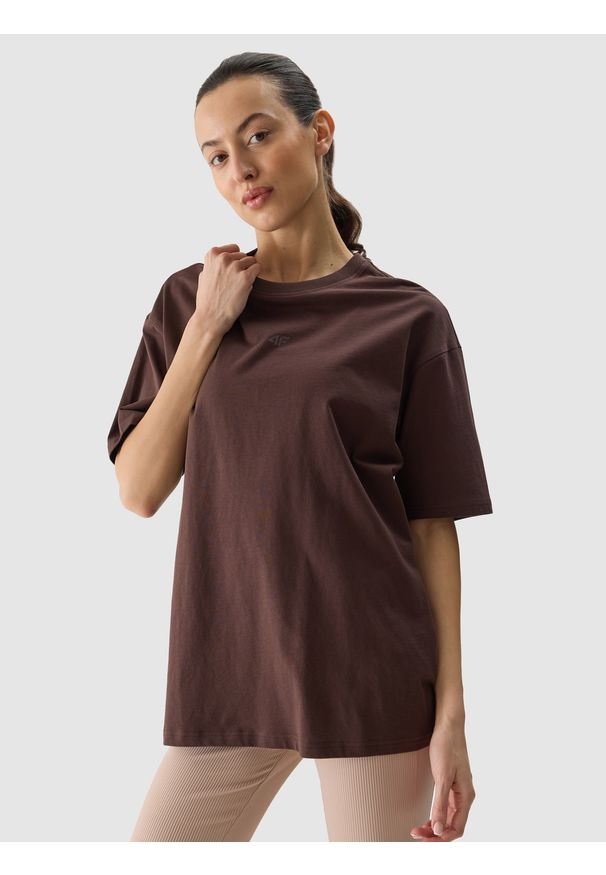 4f - 4F T-shirt oversize gładki damski - brązowy L. Okazja: na co dzień. Kolor: brązowy. Materiał: bawełna, jersey, dzianina. Wzór: gładki. Sezon: lato. Styl: sportowy, casual, klasyczny