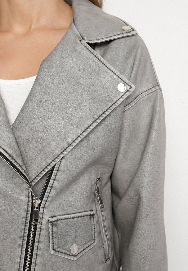 Born2be - Szara Klasyczna Kurtka Ramoneska z Paskiem Nalinea. Okazja: na co dzień. Kolor: szary. Materiał: poliester, jeans. Długość rękawa: długi rękaw. Długość: długie. Styl: klasyczny