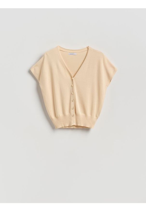 Reserved - Kardigan z lyocellem - kremowy. Kolor: kremowy. Materiał: dzianina