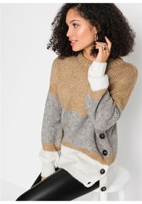 bonprix - Sweter oversize w paski z guzikami. Kolor: beżowy. Wzór: paski