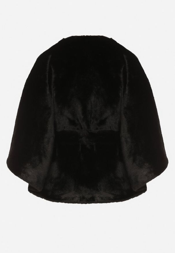 Born2be - Czarne Ponczo z Futerkiem i Wiązanym Paskiem Monalena. Okazja: na co dzień, do pracy, na spotkanie biznesowe. Kolor: czarny. Materiał: futro. Styl: biznesowy, casual, elegancki