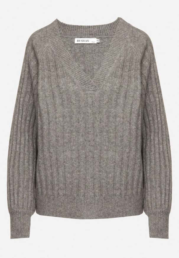 Born2be - Szary Prążkowany Sweter z Wełną i Wiskozą Ozdobiony Ściągaczami i Rozcięciami Lilinka. Okazja: na co dzień. Kolor: szary. Materiał: prążkowany, wełna, wiskoza. Wzór: aplikacja. Styl: casual, elegancki