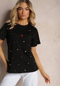 Renee - Czarny T-shirt z Cyrkoniami w Różnych Kolorach Varcia. Okazja: na co dzień. Kolor: czarny. Materiał: jeans. Styl: casual, elegancki #4
