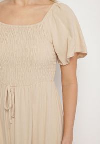 Born2be - Beżowa Sukienka z Wiskozą Lnem i Elastyczną Górą Ellisena. Okazja: na co dzień, na spacer. Kolor: beżowy. Materiał: len, wiskoza. Typ sukienki: proste. Styl: klasyczny, casual, elegancki #4