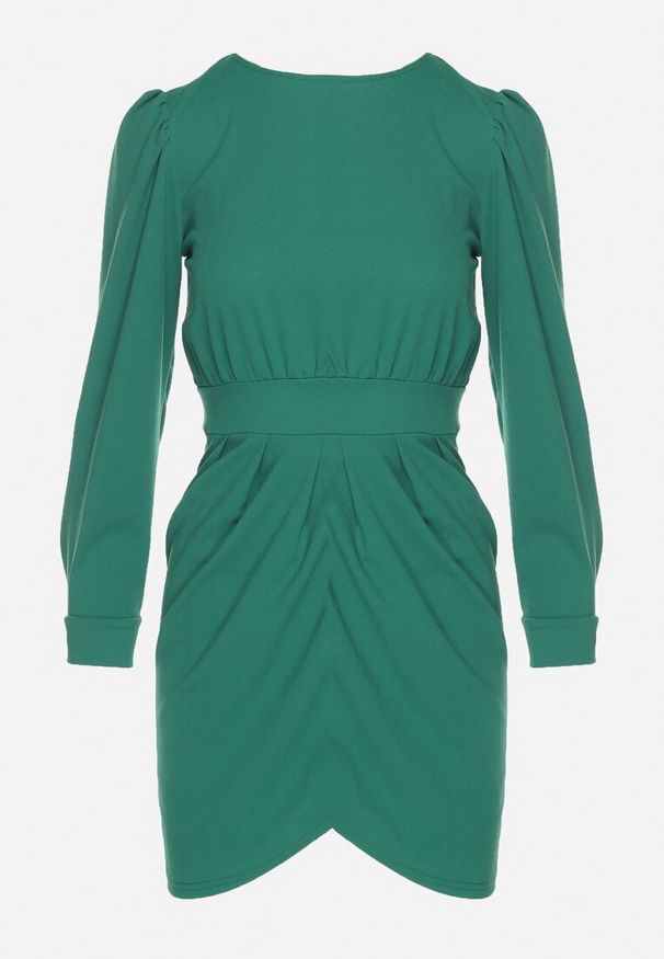 Born2be - Zielona Sukienka z Marszczeniem i Bufiastymi Rękawami Redenia. Kolor: zielony. Styl: elegancki, klasyczny