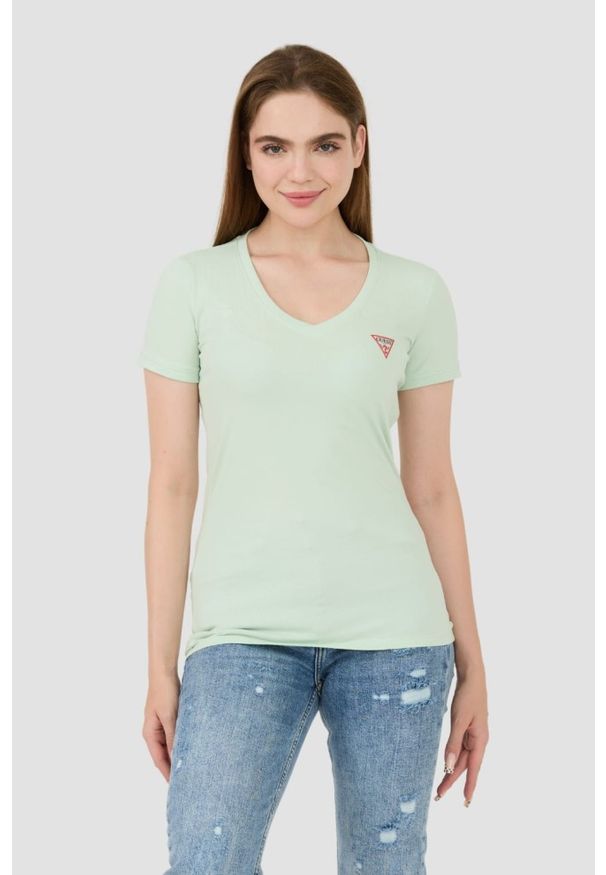 Guess - GUESS Miętowy t-shirt Mini Triangle Tee. Kolor: zielony