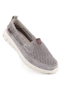 Skórzane półbuty damskie ażurowe szare eVento 9802. Kolor: szary. Materiał: skóra. Wzór: ażurowy #1