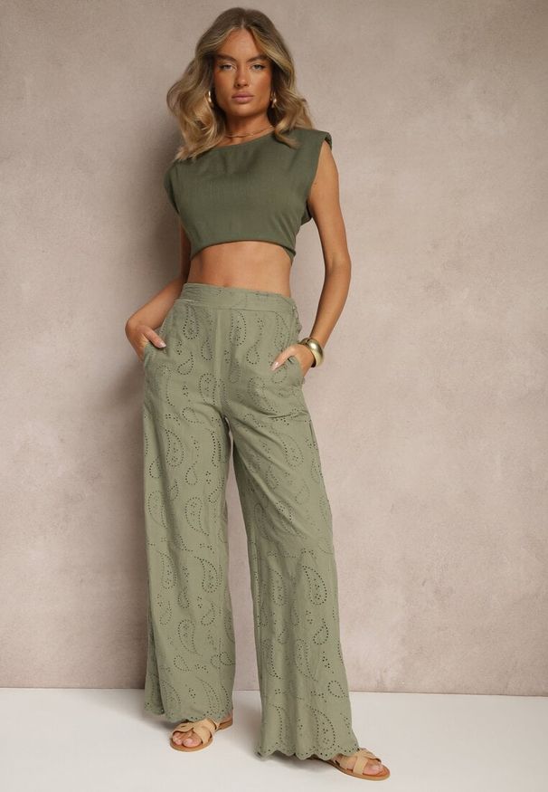 Renee - Zielone Bawełniane Haftowane Spodnie High Waist o Szerokim Kroju Milirelia. Okazja: na co dzień. Stan: podwyższony. Kolor: zielony. Materiał: bawełna. Wzór: haft. Styl: casual