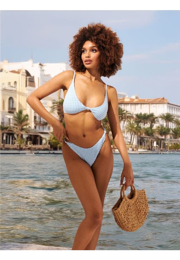 Sinsay - Dół od bikini - błękitny. Kolor: niebieski. Materiał: włókno, materiał. Wzór: kratka