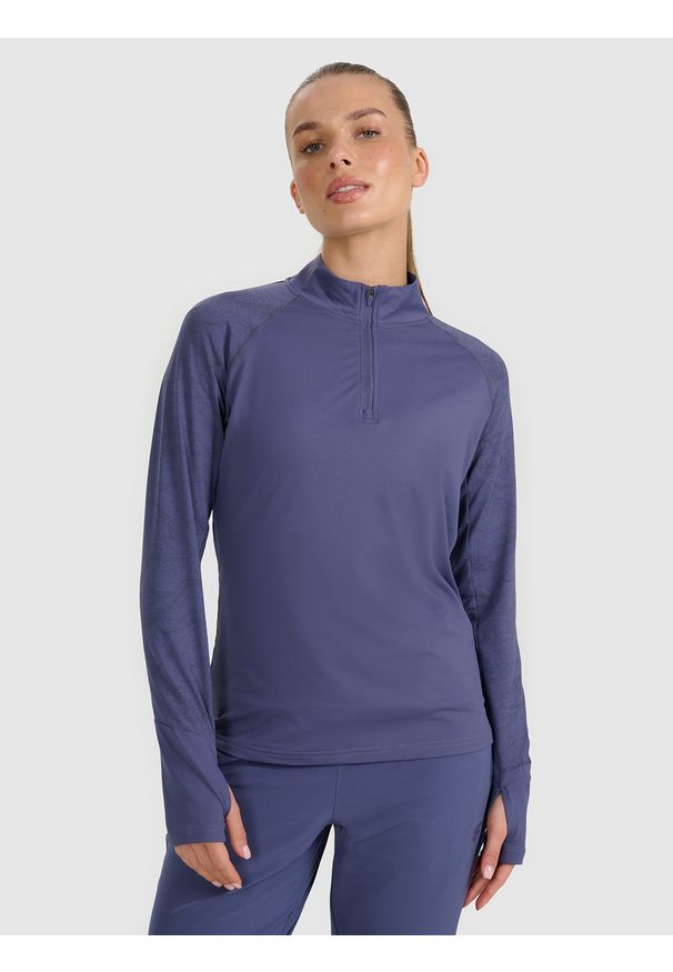 4f - 4F Bluza do biegania regular szybkoschnąca damska - granatowa XL. Typ kołnierza: kołnierzyk stójkowy. Kolor: niebieski. Materiał: syntetyk, materiał. Długość rękawa: raglanowy rękaw. Styl: sportowy