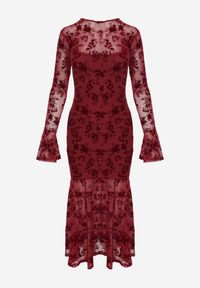 Born2be - Czerwona Siateczkowa Sukienka Koktajlowa VICES z Welurowym Wzorem w Kwiaty Azimene. Okazja: na ślub cywilny, na wesele, na imprezę. Kolor: czerwony. Materiał: welur. Długość rękawa: długi rękaw. Wzór: kwiaty. Styl: wizytowy #3