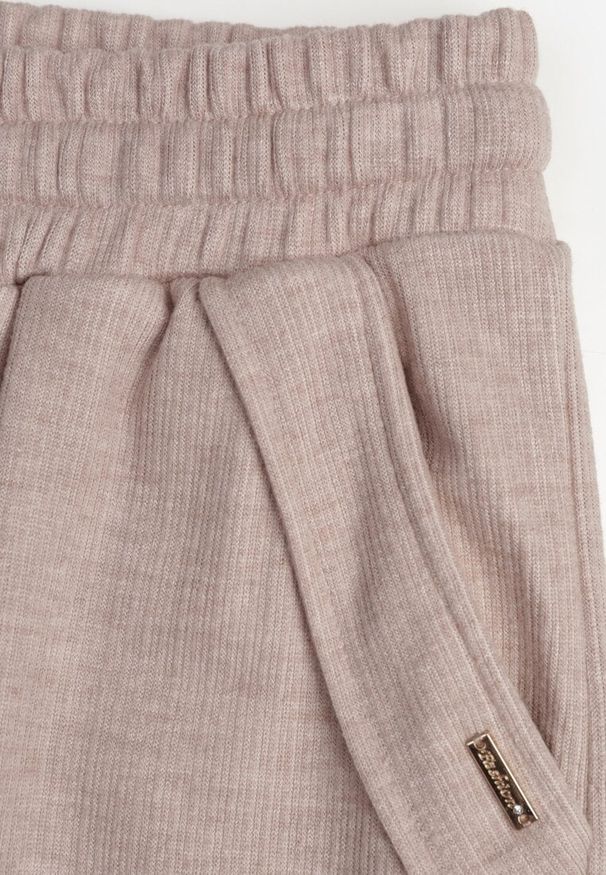 Renee - Beżowe Spodnie High Waist z Gumką i Troczkami w Pasie Rallena. Okazja: na co dzień. Stan: podwyższony. Kolor: beżowy. Styl: casual