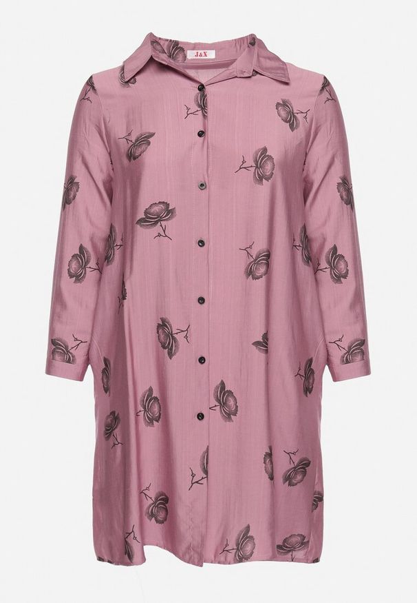 Born2be - Ciemnoróżowa Koszulowa Sukienka z Guzikami i Regulowanymi Rękawami Xatella. Kolekcja: plus size. Kolor: różowy. Wzór: kwiaty. Typ sukienki: koszulowe