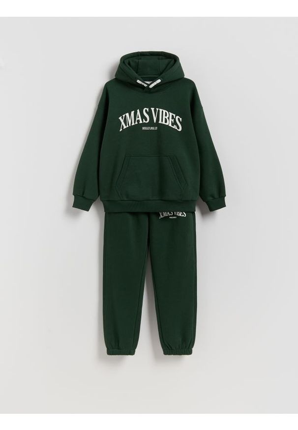 Reserved - Bawełniany komplet z nadrukiem - ciemnozielony. Kolor: zielony. Materiał: bawełna. Wzór: nadruk