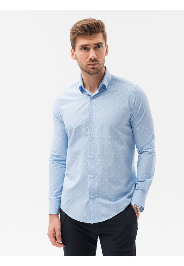 Ombre Clothing - Koszula męska elegancka z długim rękawem - błękitna - Rozmiar: S. Okazja: do pracy, na spotkanie biznesowe. Kolor: niebieski. Materiał: bawełna, poliester. Długość rękawa: długi rękaw. Długość: długie. Styl: elegancki