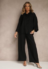 Renee - Czarny Wiskozowy Komplet Oversize Koszula i Spodnie Wide Leg Zierana. Kolor: czarny. Materiał: wiskoza #5