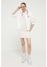 Tommy Jeans kardigan z domieszką wełny kolor biały. Kolor: biały. Materiał: wełna. Długość rękawa: raglanowy rękaw. Wzór: ze splotem #2