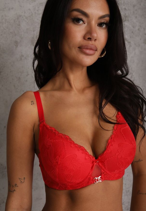 Renee - Czerwony Koronkowy Biustonosz z Metaliczną Aplikacją Dorzedi. Kolor: czerwony. Materiał: koronka. Rodzaj stanika: przezroczysty. Wzór: aplikacja