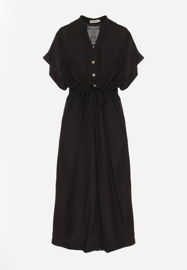 Born2be - Czarna Bawełniana Sukienka z Koszulową Górą i Ściągaczem w Talii Vikleta. Okazja: na co dzień. Typ kołnierza: dekolt w kształcie V. Kolor: czarny. Materiał: bawełna. Typ sukienki: koszulowe. Styl: casual, klasyczny