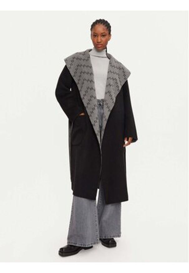 Karl Lagerfeld - KARL LAGERFELD Płaszcz wełniany 246W1502 Szary Loose Fit. Typ kołnierza: dekolt w karo. Kolor: szary. Materiał: syntetyk