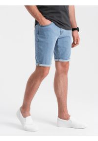 Ombre Clothing - Szorty męskie jeansowe z podwiniętymi nogawkami – błękitne V2. Okazja: na co dzień. Kolor: niebieski. Materiał: jeans. Długość: krótkie. Wzór: ze splotem, aplikacja. Sezon: lato. Styl: elegancki, casual