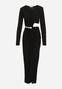 Born2be - Czarna Sukienka Koktajlowa Ozdobiona Wycięciem Marszczeniem w Talii i Rozcięciem na Nogę Ilizia. Okazja: na imprezę. Kolor: czarny. Wzór: aplikacja. Typ sukienki: proste. Styl: wizytowy #3