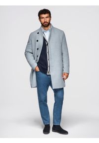 Ombre Clothing - Płaszcz męski z wysokim kołnierzem i asymetrycznym zapięciem – szary melanż V1 - Rozmiar: L. Okazja: na co dzień. Kolor: szary. Materiał: syntetyk, wiskoza, poliester, materiał. Wzór: melanż. Styl: wizytowy, casual, elegancki #4