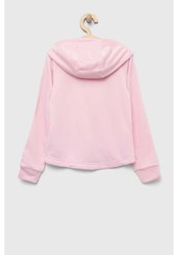 Adidas - adidas bluza dziecięca kolor różowy z kapturem z aplikacją. Typ kołnierza: kaptur. Kolor: różowy. Materiał: włókno, materiał. Długość: długie. Wzór: aplikacja #2