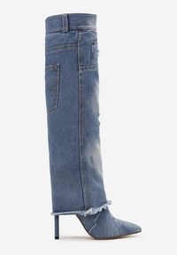 Renee - Jasnoniebieskie Kozaki Jeansowe na Szpilce z Przetarciami i Wywiniętą Cholewką Politre. Kolor: niebieski. Materiał: jeans. Szerokość cholewki: normalna. Obcas: na szpilce #2