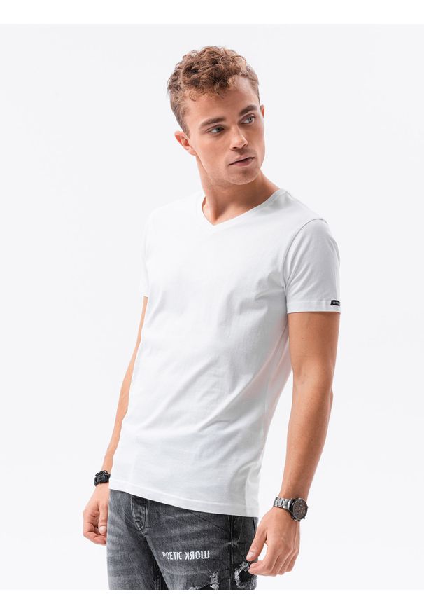 Ombre Clothing - T-shirt męski bawełniany BASIC S1369 - biały - XXL. Typ kołnierza: dekolt w serek. Kolor: biały. Materiał: bawełna. Długość: krótkie. Styl: klasyczny