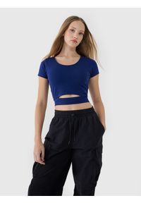 4f - 4F T-shirt crop top gładki damski - granatowy S. Okazja: na co dzień. Kolor: niebieski. Materiał: dzianina, bawełna, jersey, materiał, elastan. Długość rękawa: krótki rękaw. Długość: krótkie. Wzór: gładki. Styl: sportowy, casual