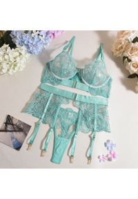 Intica - Komplet bielizny koronkowej z push-upem i pasem do pończoch Egypt. Kolor: zielony. Materiał: koronka. Wzór: koronka