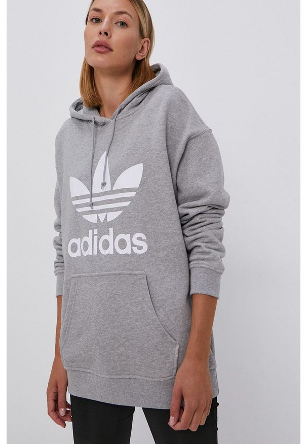 adidas Originals - Bluza bawełniana. Typ kołnierza: kaptur. Kolor: szary. Materiał: bawełna. Wzór: nadruk