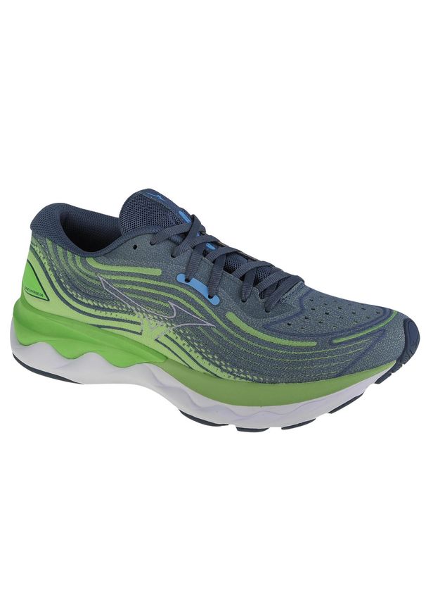 Buty do biegania męskie Mizuno Wave Skyrise 4. Zapięcie: sznurówki. Kolor: zielony, szary, wielokolorowy, niebieski. Materiał: tkanina, materiał, guma, syntetyk. Szerokość cholewki: normalna. Model: Mizuno Wave