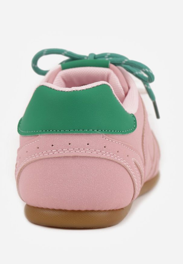 Renee - Różowe Sneakersy Ozdobione Przeszyciami i Podwójnym Sznurowaniem Telisaria. Okazja: na co dzień. Zapięcie: sznurówki. Kolor: różowy. Materiał: jeans. Wzór: aplikacja