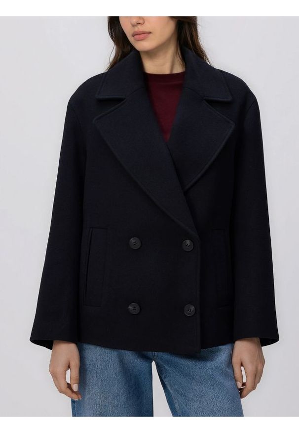 Reserved - Flauszowa kurtka dwurzędowa - granatowy. Kolor: niebieski. Materiał: tkanina, wełna