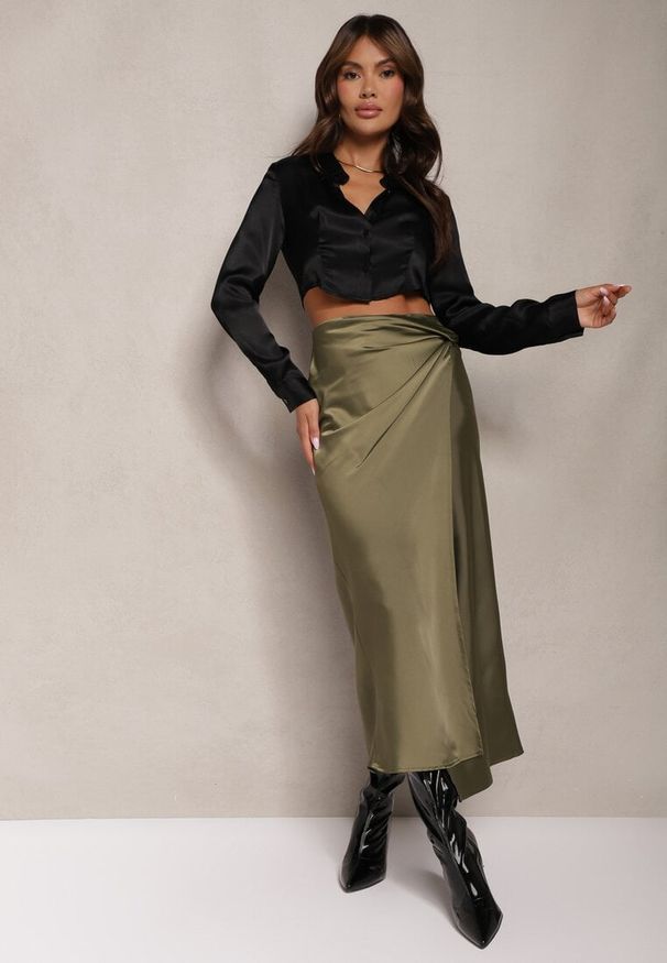 Renee - Zielona Spódnica o Kopertowym Kroju High Waist Onadea. Stan: podwyższony. Kolor: zielony. Materiał: satyna