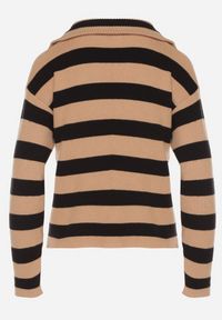 Born2be - Beżowo-Czarny Sweter w Paski Ozdobiony Suwakiem Amerra. Okazja: do pracy, na co dzień, na spotkanie biznesowe. Kolor: beżowy. Materiał: jeans. Wzór: paski, aplikacja. Styl: casual, biznesowy #4