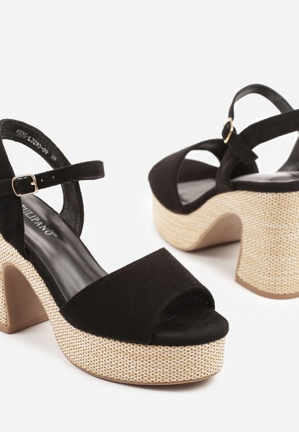Renee - Czarne Sandały na Słupku z Platformą z Motywem Plecionki Sorliza. Okazja: na imprezę, na co dzień. Kolor: czarny. Sezon: lato. Obcas: na platformie. Styl: casual, klasyczny