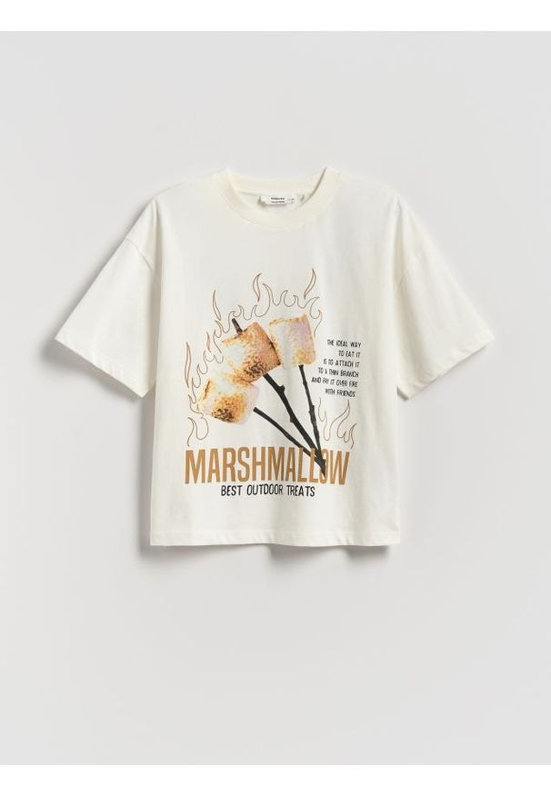 Reserved - Bawełniany t-shirt z nadrukiem - złamana biel. Materiał: bawełna. Wzór: nadruk