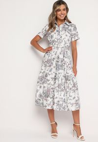 Born2be - Biało-Szara Koktajlowa Sukienka w Kwiaty z Gumką w Talii i Ozdobnym Paskiem Vimaretta. Okazja: na co dzień. Kolor: biały. Materiał: jeans, tkanina. Wzór: kwiaty. Sezon: lato. Styl: wizytowy #2