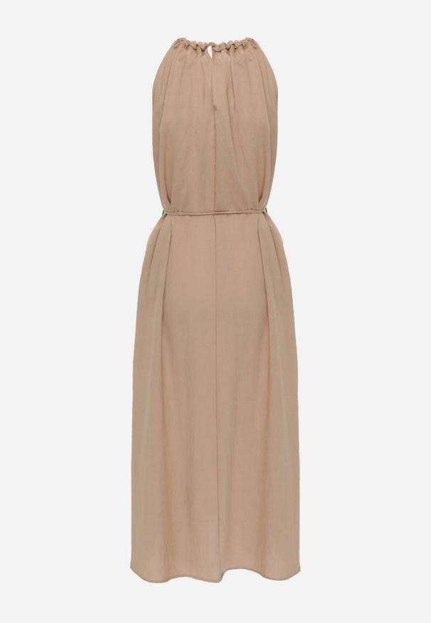 Born2be - Beżowa Wiskozowa Sukienka Bez Rękawów z Warkoczowym Splotem przy Dekolcie Shirineli. Okazja: na co dzień. Kolekcja: plus size. Kolor: beżowy. Materiał: wiskoza. Długość rękawa: bez rękawów. Wzór: ze splotem. Typ sukienki: proste, dla puszystych. Styl: boho, elegancki, klasyczny, casual