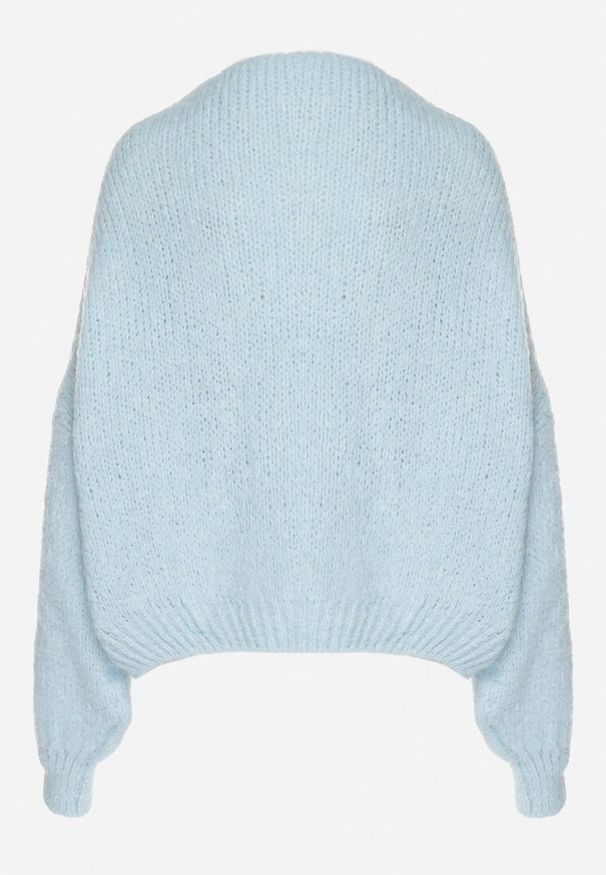 Born2be - Niebieski Kardigan Oversize z Wełną Zdobiony Kokardkami Eleathalie. Typ kołnierza: kokarda. Kolor: niebieski. Materiał: wełna. Wzór: aplikacja. Styl: klasyczny