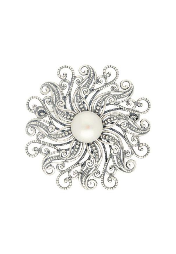 Polcarat Design - Broszka z białą perłą B 171. Materiał: srebrne. Kolor: biały. Wzór: aplikacja. Kamień szlachetny: perła