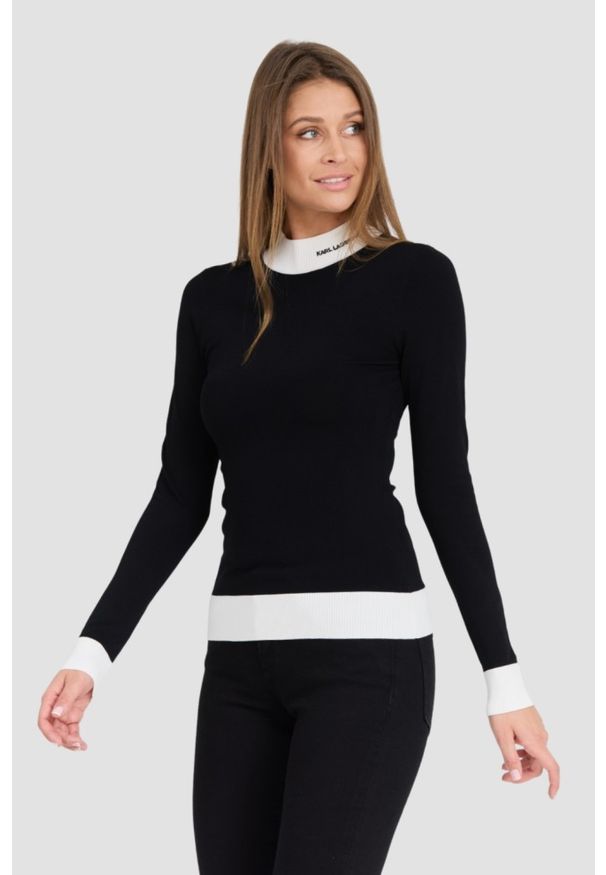 Karl Lagerfeld - KARL LAGERFELD Czarny damski golf Logo Turtle Neck. Okazja: na co dzień. Typ kołnierza: golf. Kolor: czarny. Materiał: materiał, wiskoza, poliester. Styl: wizytowy, elegancki, casual