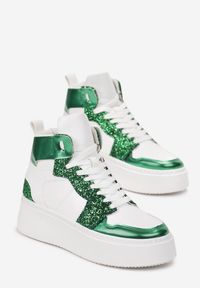 Renee - Biało-Zielone Sznurowane Sneakersy za Kostkę z Brokatem i Metalicznymi Wstawkami Sareena. Wysokość cholewki: za kostkę. Kolor: biały