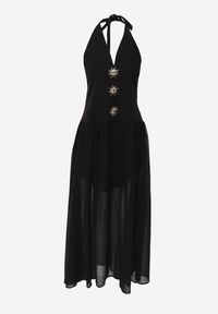 Renee - Czarna Sukienka z Dekoltem Halter i Ozodbymi Guzikami z Przodu Nesia. Typ kołnierza: dekolt halter. Kolor: czarny #6